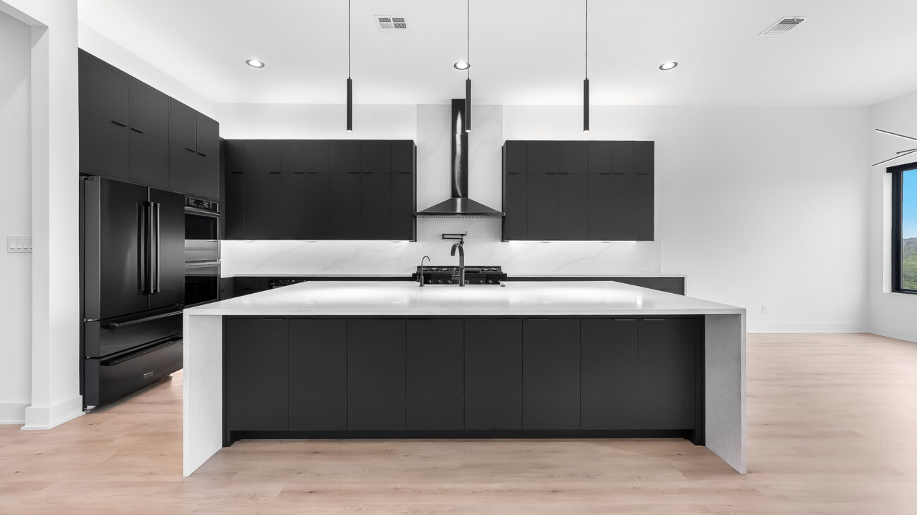 Ultra Modern kitchen with black cabinets and appliances
